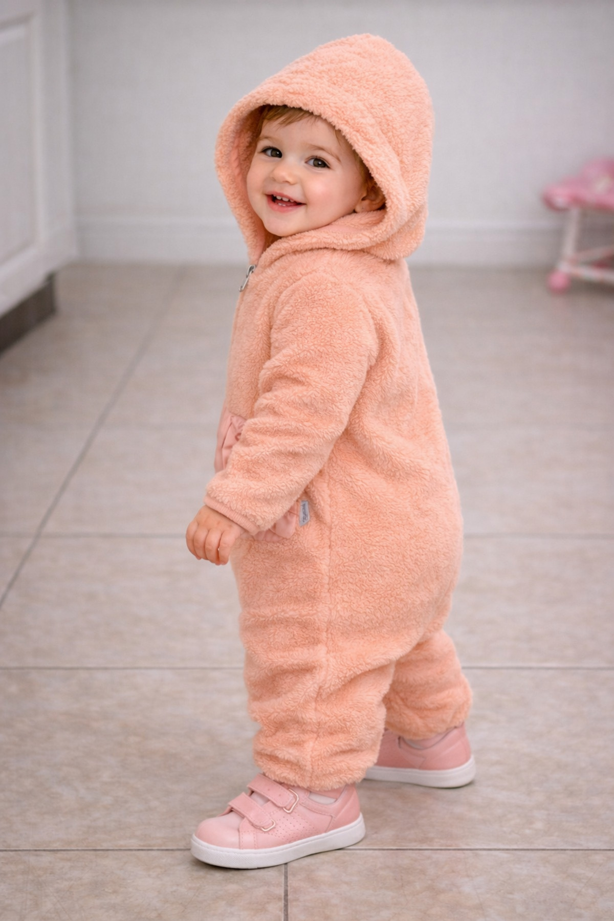 Chicsy Baby Kışlık tatlı Kız Bebek Peluş Tulum Kapüşonlu Fermuarlı Kışlık Polar Tulum fotoğrafı 5 (önizleme)