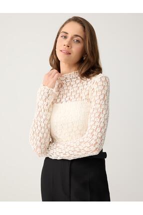 Jimmy Key Beyaz Dar Kesim Uzun Kollu Dantelli Örme Bluz