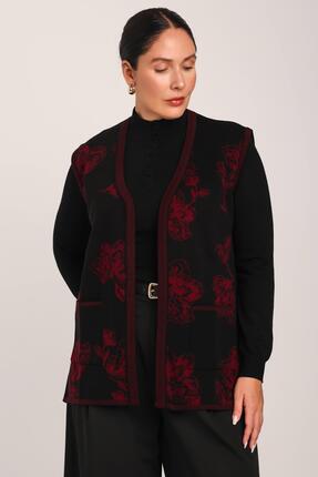 Uludağ Triko Kadın Siyah Bordo Çiçek Desenli Cepli Düğmeli Triko Örme Anne Yelek