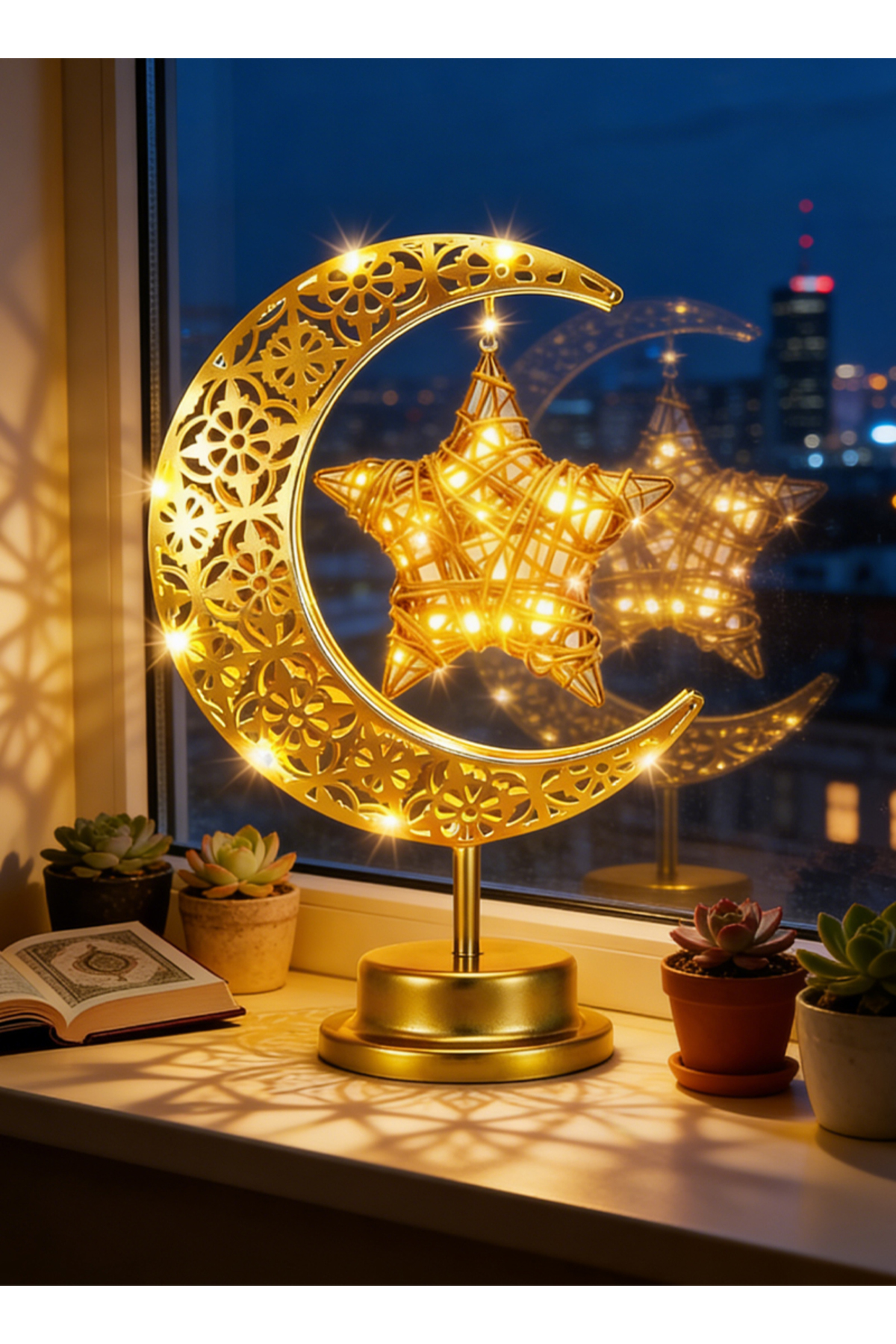 مصباح طاولة رمضاني، هلال ونجمة ذهبية بتقنية LED، ي...