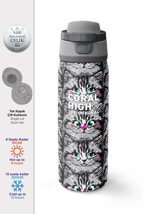 Coral High Gri Kedi Desenli Pipetli ve Direkt İçim Çelik Termos 800 ml 38527