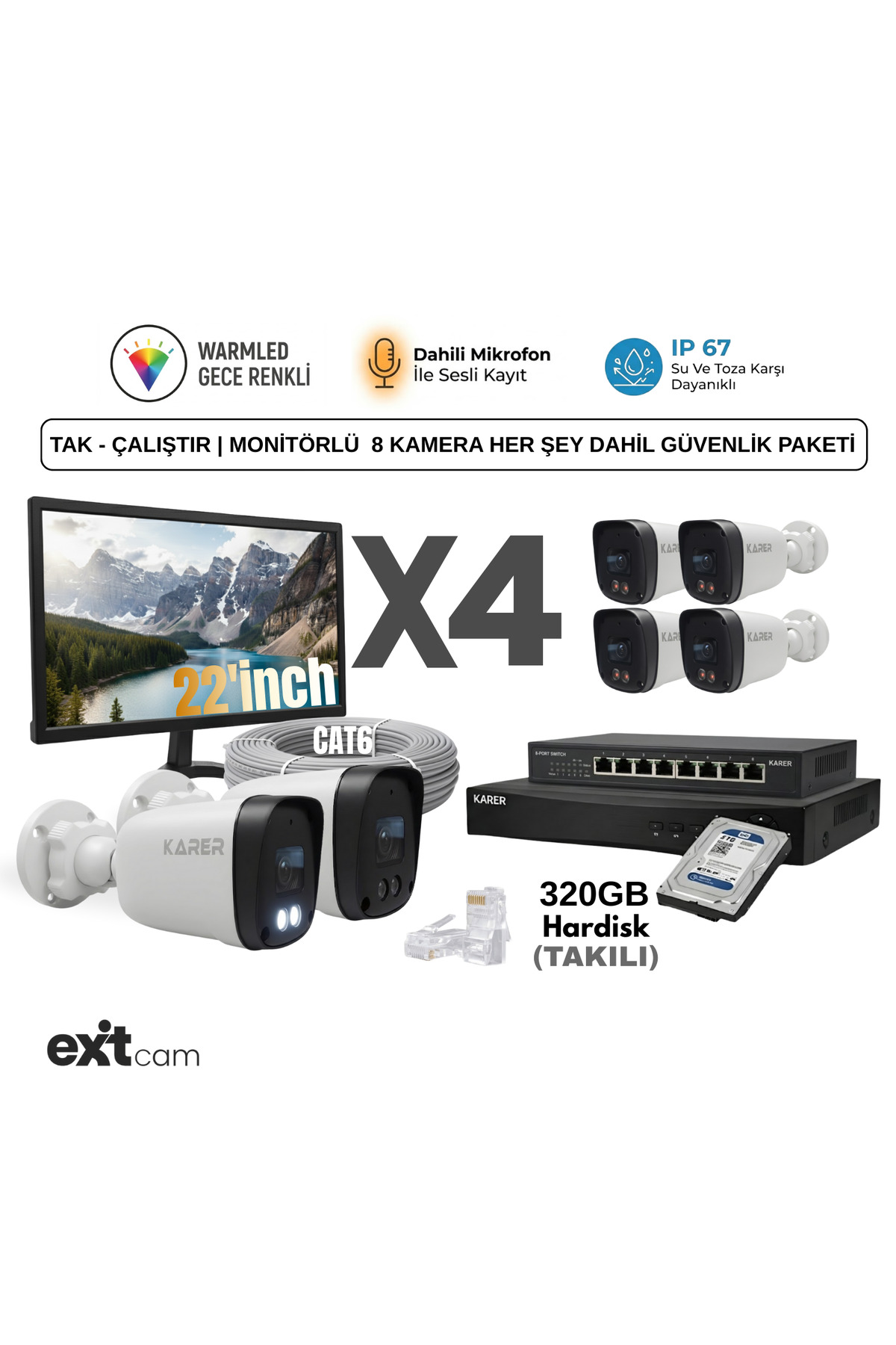 Monitör Dahil 4 Kameralı Ultra HD IP Güvenlik Seti | Sesli Kayıt - Renkli Gece Görüş - Tak Çalıştır