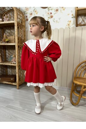 sobekidstore kız çocuk yaka detaylı kırmızı elbise bayramlık,doğum günü elbisesi