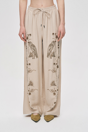 Orfeo Negro Kadın Kuş ve Çiçek Boncuk İşlemeli Dökümlü Palazzo Pantolon