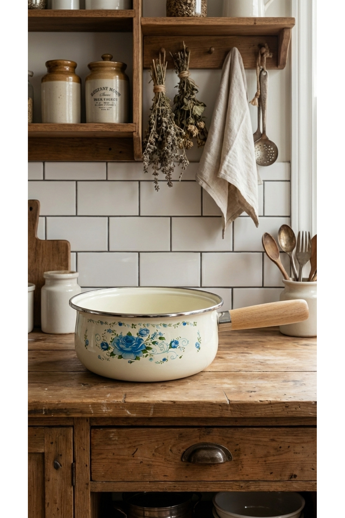 Enamel Wooden Handle Sauce Pot, Milk Pot - 18cm