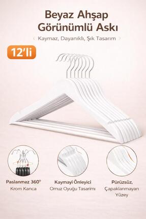 Dory 12 Adet Ahşap Görünümlü Elbise Ve Kıyafet Askısı - Beyaz Askı
