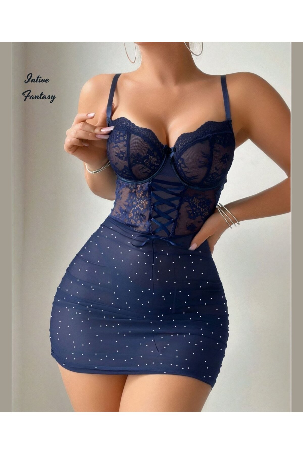 İntive Lingerie Intive Fantasy Lacivert Simli Puantiyeli Tüllü Yakası Dantelli Mini Slim Gecelik