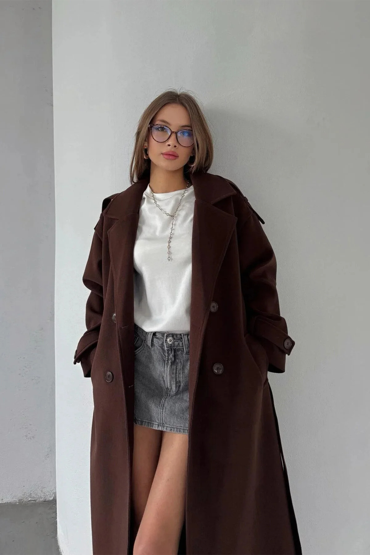 tach  Acı Kahve Kuşaklı Düğmeli Yeni Sezon Astarlı Premium Kalite Rahat Kalıp Kadın Kaşe Kaban 2026