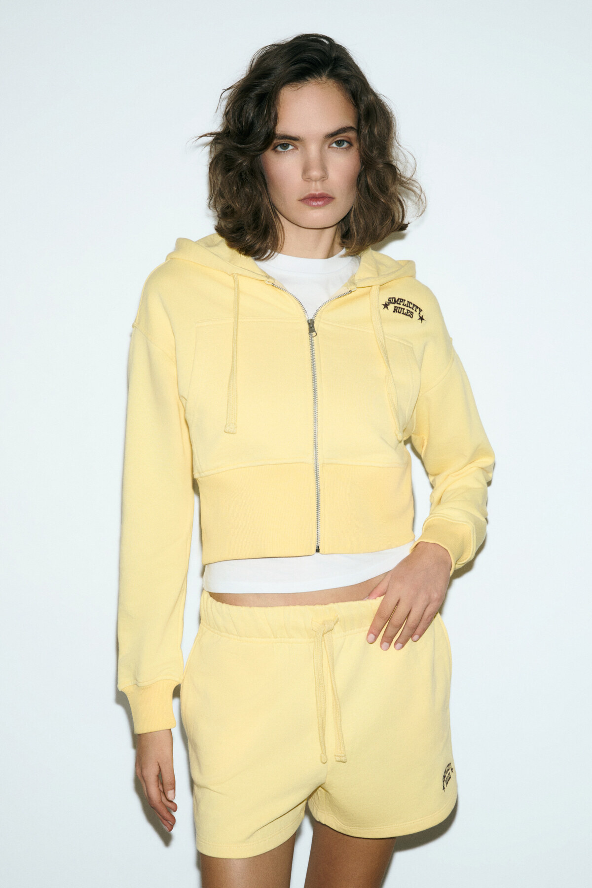 GRIMELANGE  ELARA Kadın Metal Fermuarlı Nakışlı Kapüşonlu Crop Sarı Sweatshirt - Görsel 5