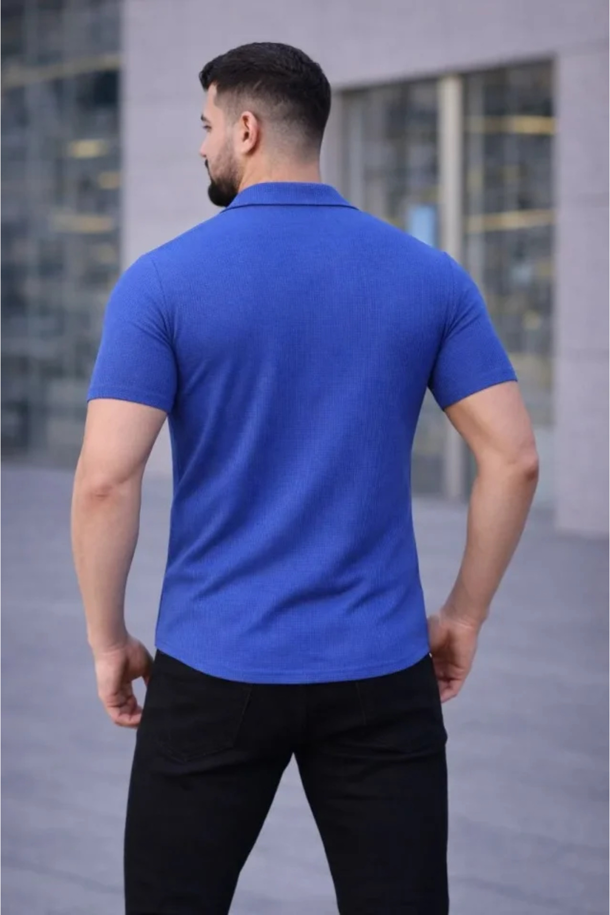 GETFAY Erkek Waffle Kumaş Kısa Kollu Düğmeli Açık Yaka Regular Fit Gömlek-Saks Mavisi fotoğrafı 2 (önizleme)