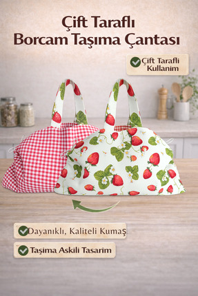 DOCCES El Yapımı Borcam Taşıma Çantası & Piknik Çantası 50x80 cm – Çilekli De...