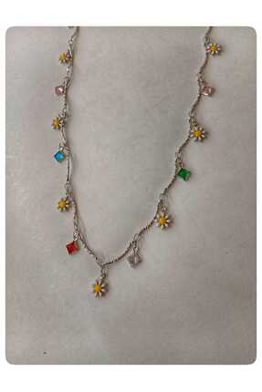 TrendimAksesuar Gümüş Renginde Papatyalı Trend Çelik Kolye