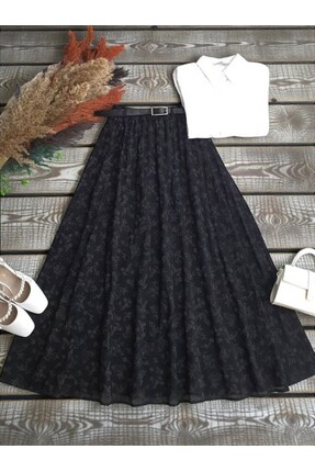 ŞAHİN TESETTÜR GİYİM DERİ KEMERLİ BELİ LASTİKLİ ÇİÇEK DESENLİ ASTARLI TÜL ETE...