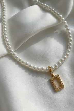 Volenta Shop Külçe Gram Altın Uyumlu Zirkon Taşlı Çerçeveli İnci Kolye