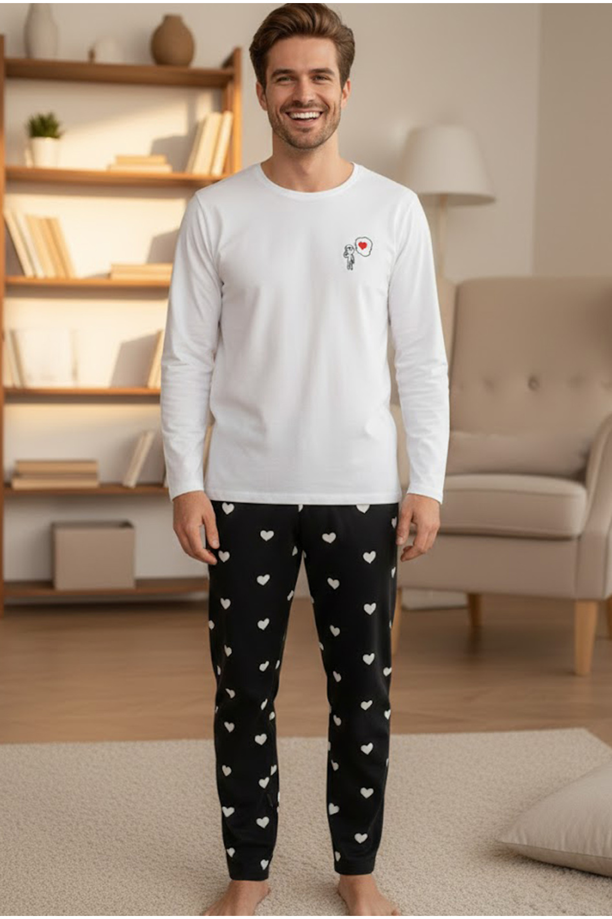Siyah İnci ERKEK siyah beyaz kalp desenli nakışlı Örme Pijama Takım 7969 görsel 2