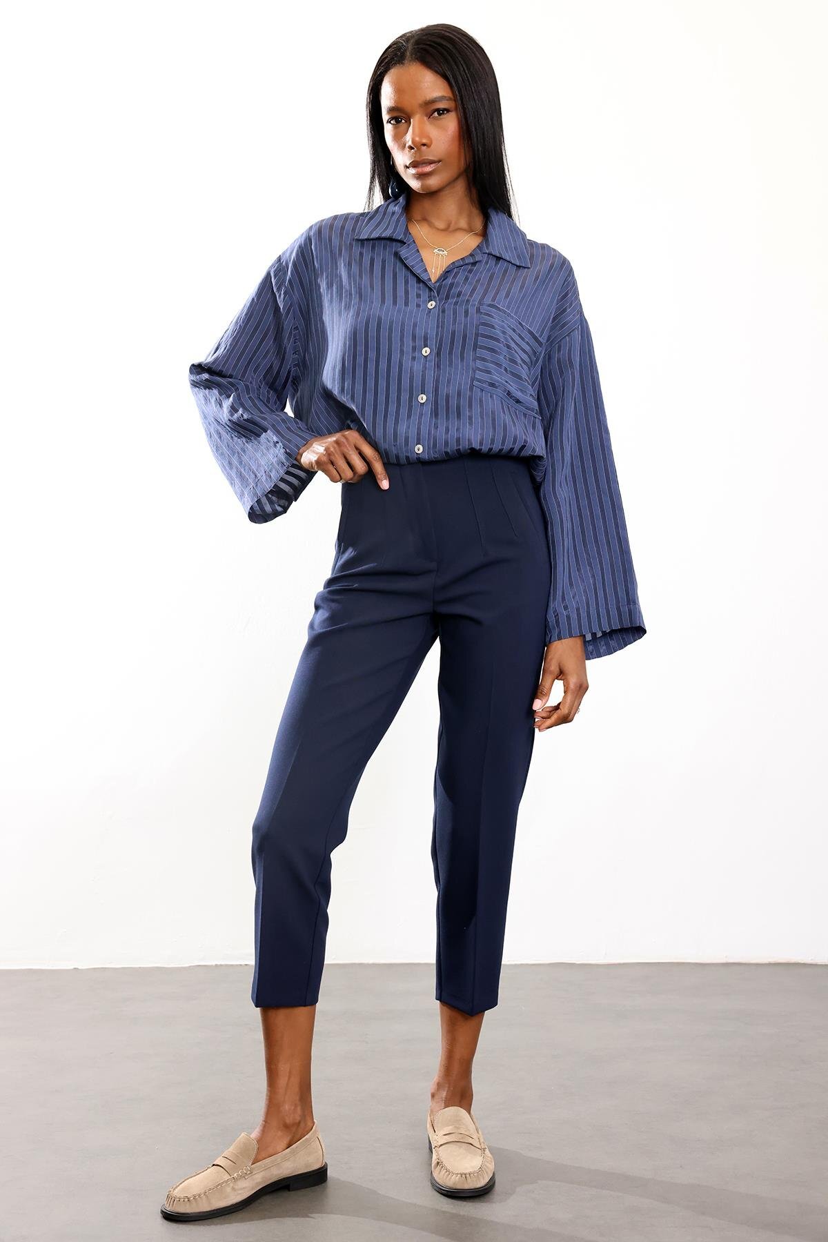 Navy Blue Flat Pants 5113