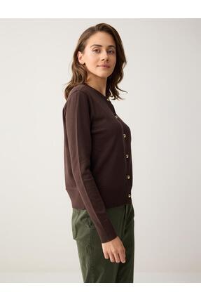 Jimmy Key Kahverengi Yuvarlak Yaka Uzun Kollu Düğme Detaylı Triko Hırka