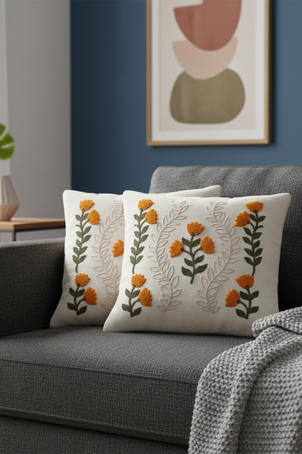 Punch Embroidered Modern Design Decorative 2-Piece Pillowcase Embroidered Linen 43X43 CM