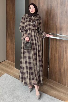 STİLBOON Kareli Elbise 1076 Kahve