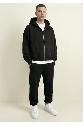 ModaShan Unisex Siyah 3 İplik İçi Şardonlu Fermuarlı Kapüşonlu Oversize Sweat...