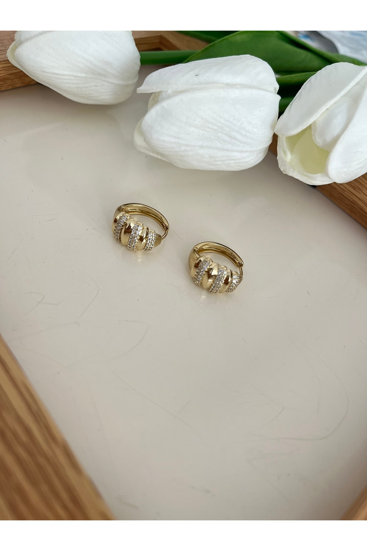 14K Çelik Zirkon Taşlı Halka Küpe Gold Kadın Küpe