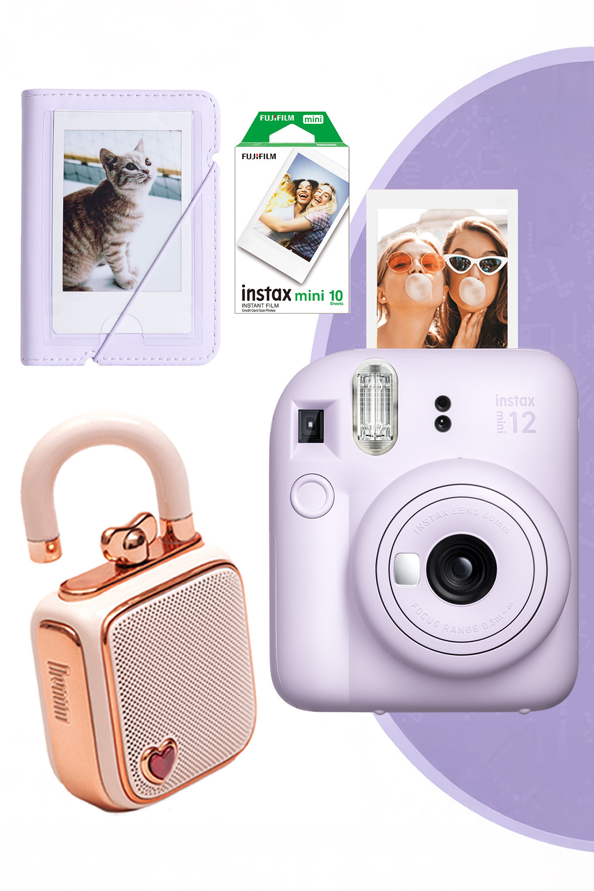 Fujifilm Instax Mini 12 Lila Fotoğraf Makinesi 28'li Albüm 10'lu Film ve Divoom Lovelock Bluetooth Hoparlör S
