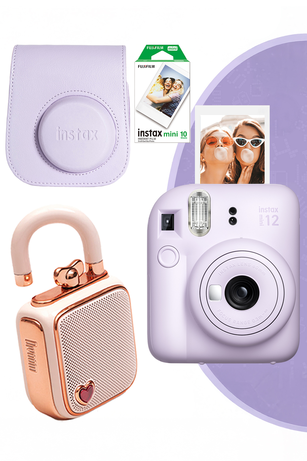 Fujifilm Instax Mini 12 Pembe Fotoğraf Makinesi Deri Çanta 10'lu Film ve Divoom Lovelock Bluetooth Hoparlör S