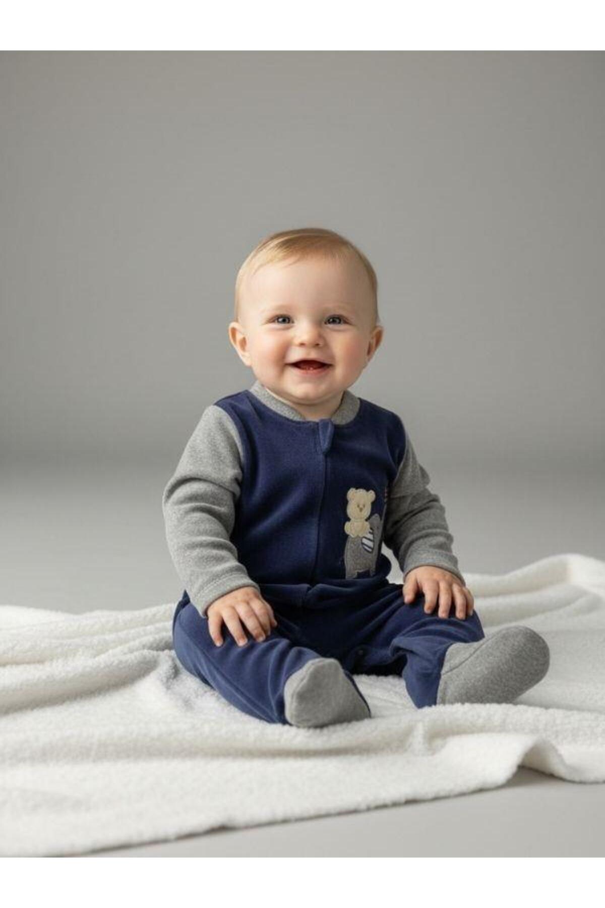 Zekids Erkek Bebek Ayıcık ve Fil Desenli Kışlık Kadife Tulum fotoğrafı 3 (önizleme)