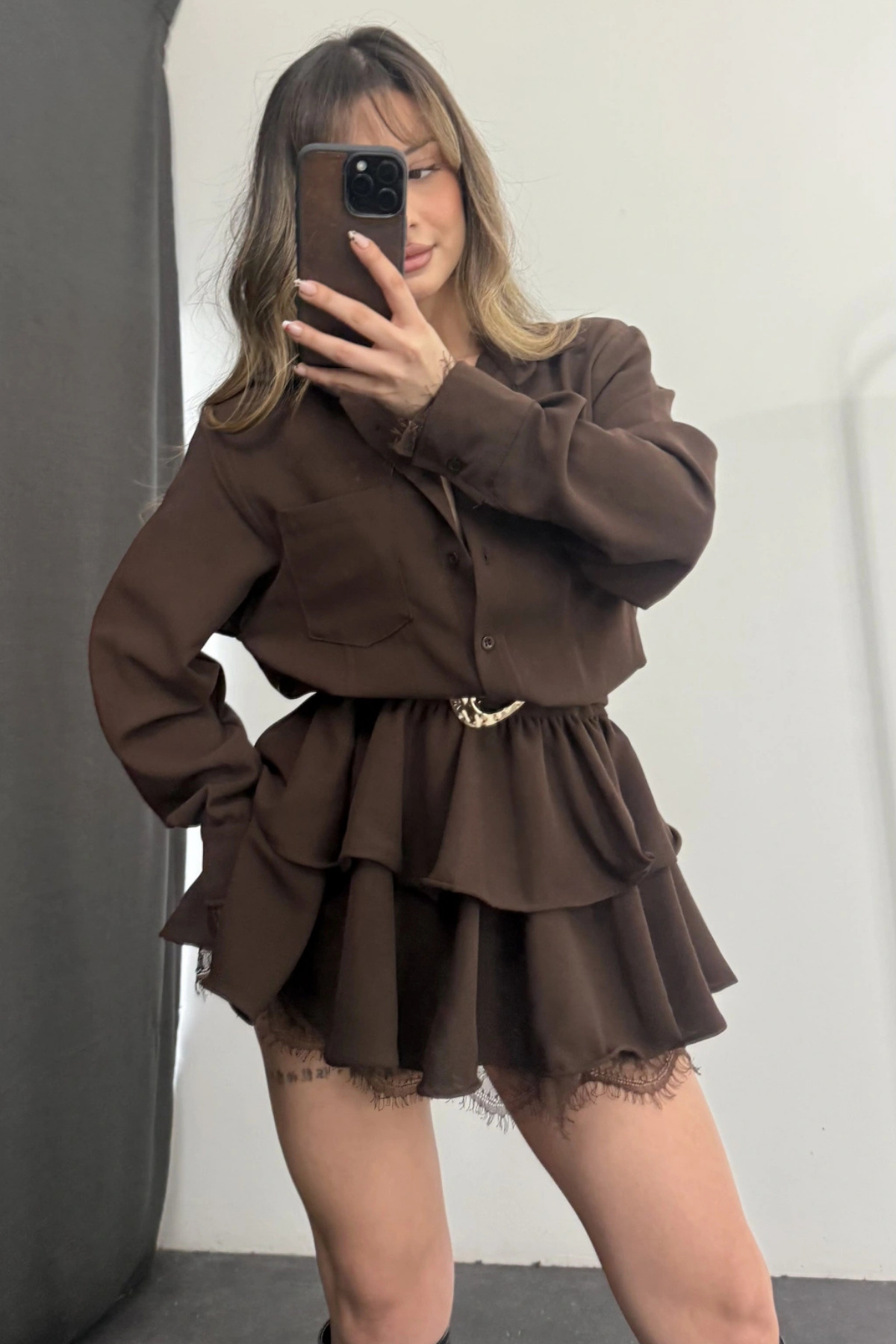 AYKA WEAR Kemer Detaylı Mini Gömlek Elbise görsel 2