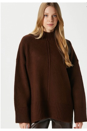 BEŞİR GİYİM Kadın Yumuşak hafif dik Yaka Oversize Triko Kazak KAHVE 4598