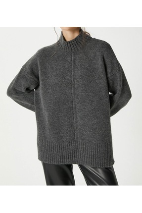 BEŞİR GİYİM Kadın Yumuşak hafif dik Yaka Oversize Triko Kazak ANTRASİT-GRİ 4598