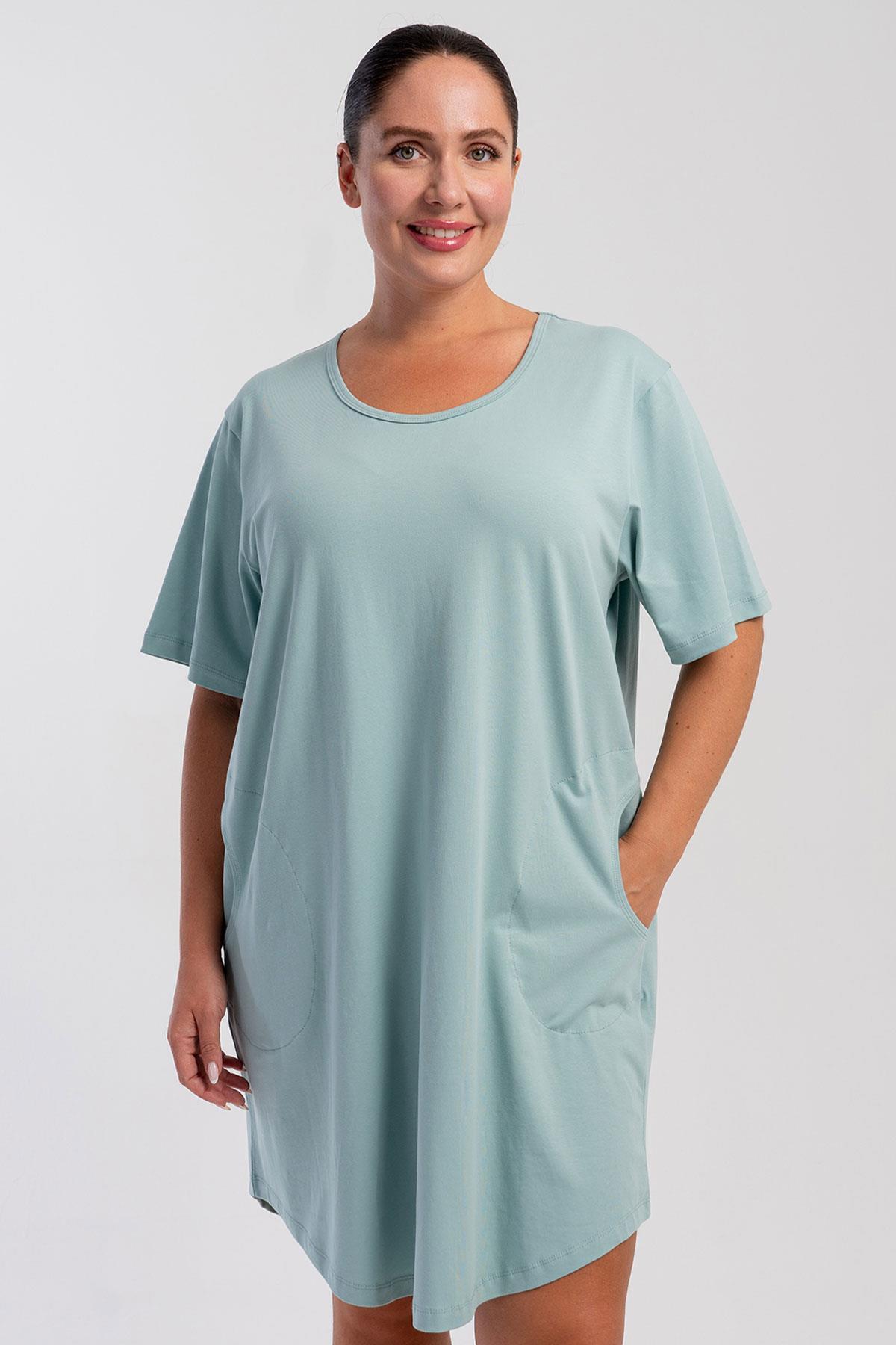 Women's Plus Size Casual Cut Pocket Short Sleeve Cyan Nightwear Tunic C5T0N0805