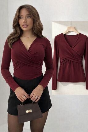 peri tower YENİ ÜRÜN Kadın Önü Çapraz Detay V Yaka Sandy Kumaş Uzun Kollu Blu...
