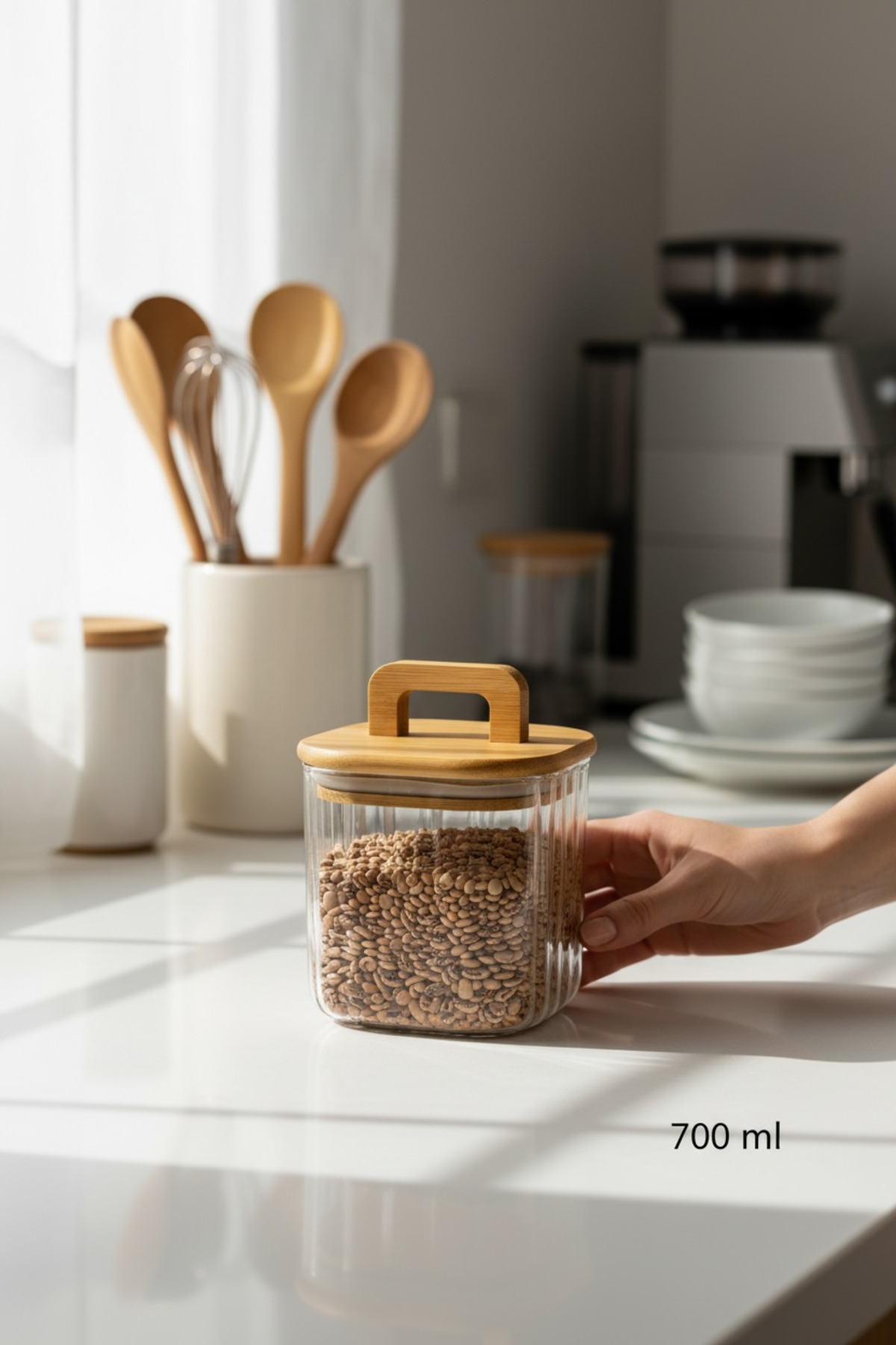 Bambu Kapaklı 700 ml Line (Çizgili) Cam Saklama Kavanozu