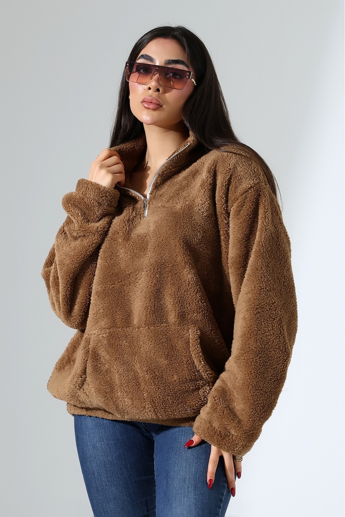 DİVİSTA Kadın Yaka Fermuarlı Uzun Kollu Peluş Sweatshirt görsel 2