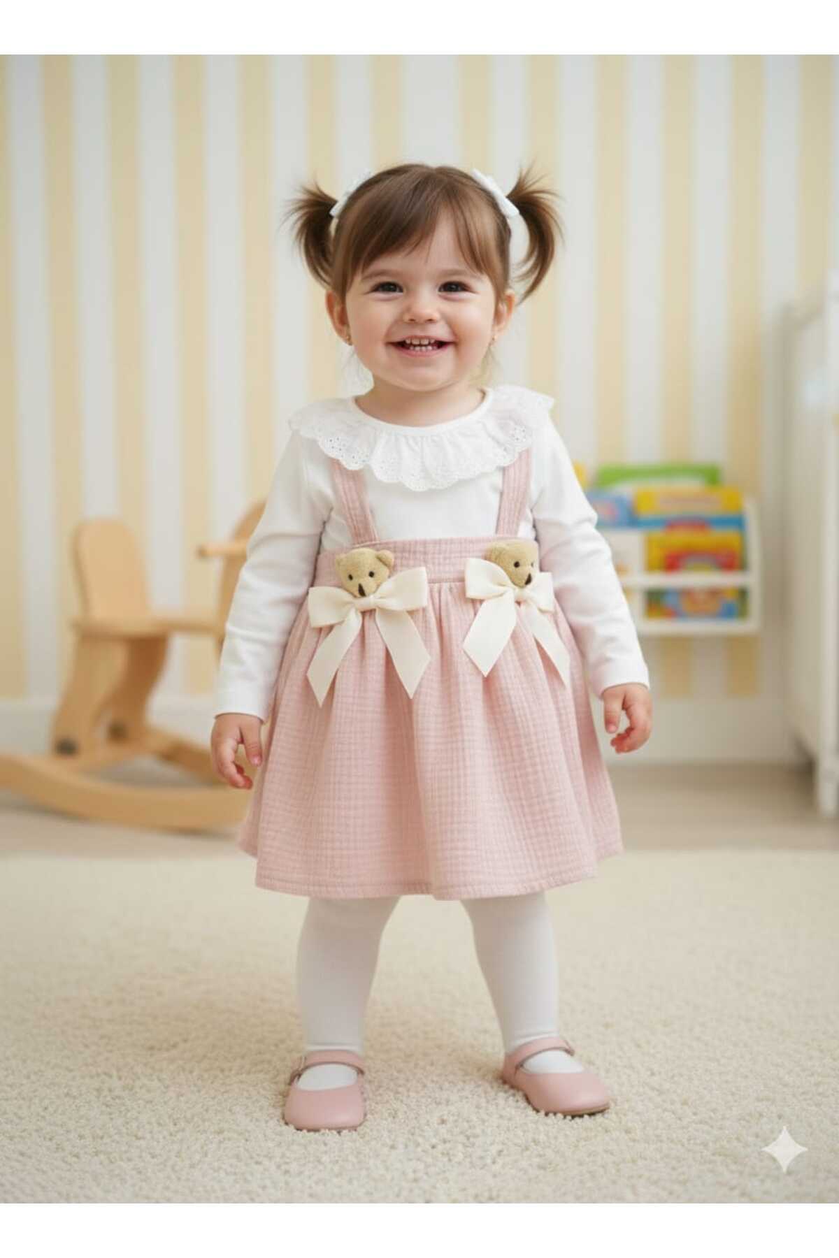 Pıtırkids Ayıcıklı Müslin Kız Bebek Salopet Takımı – Doğum Günü, Bayram, Özel Gün 6–18 Ay fotoğrafı 3 (önizleme)