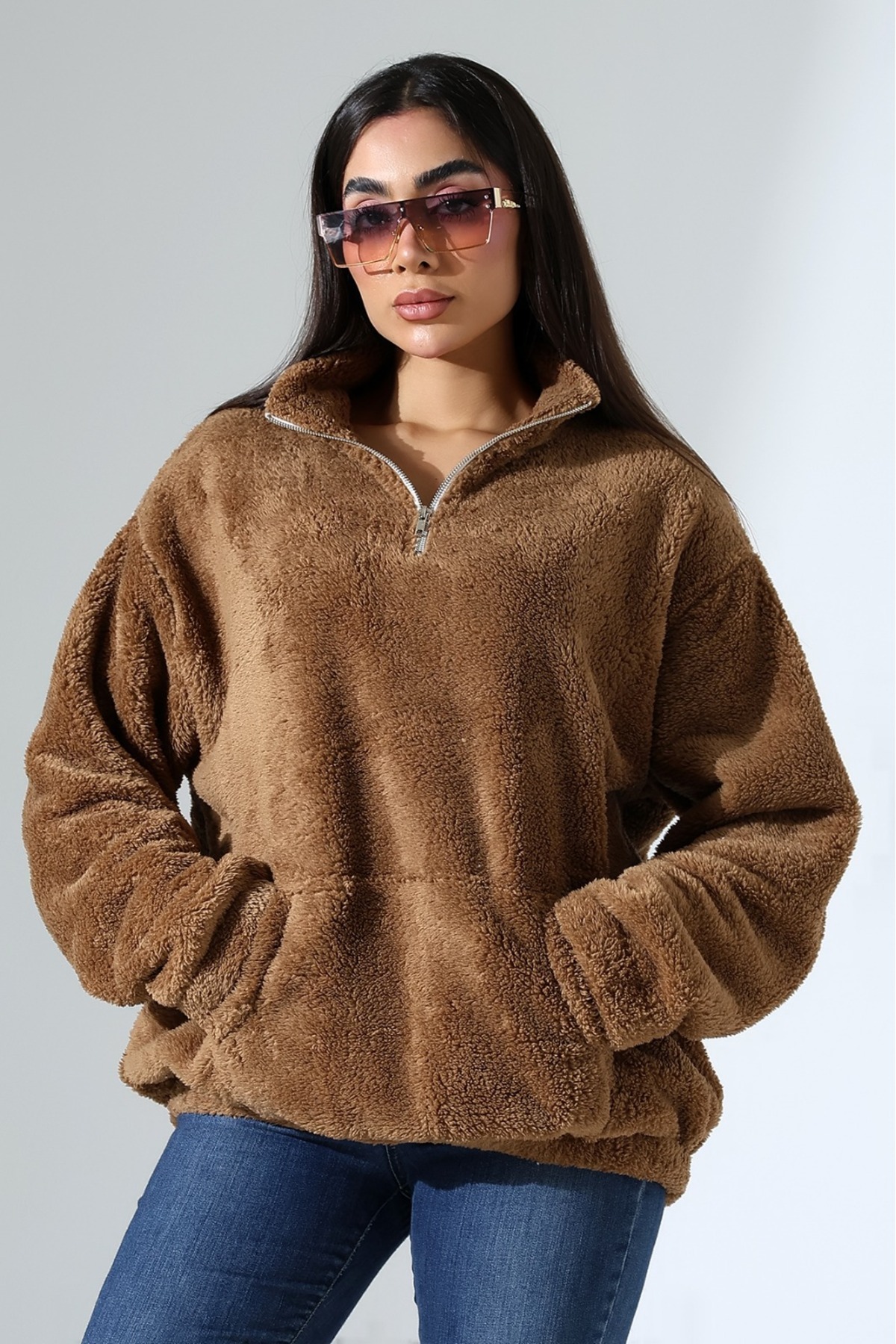 DİVİSTA Kadın Yaka Fermuarlı Uzun Kollu Peluş Sweatshirt görsel 6