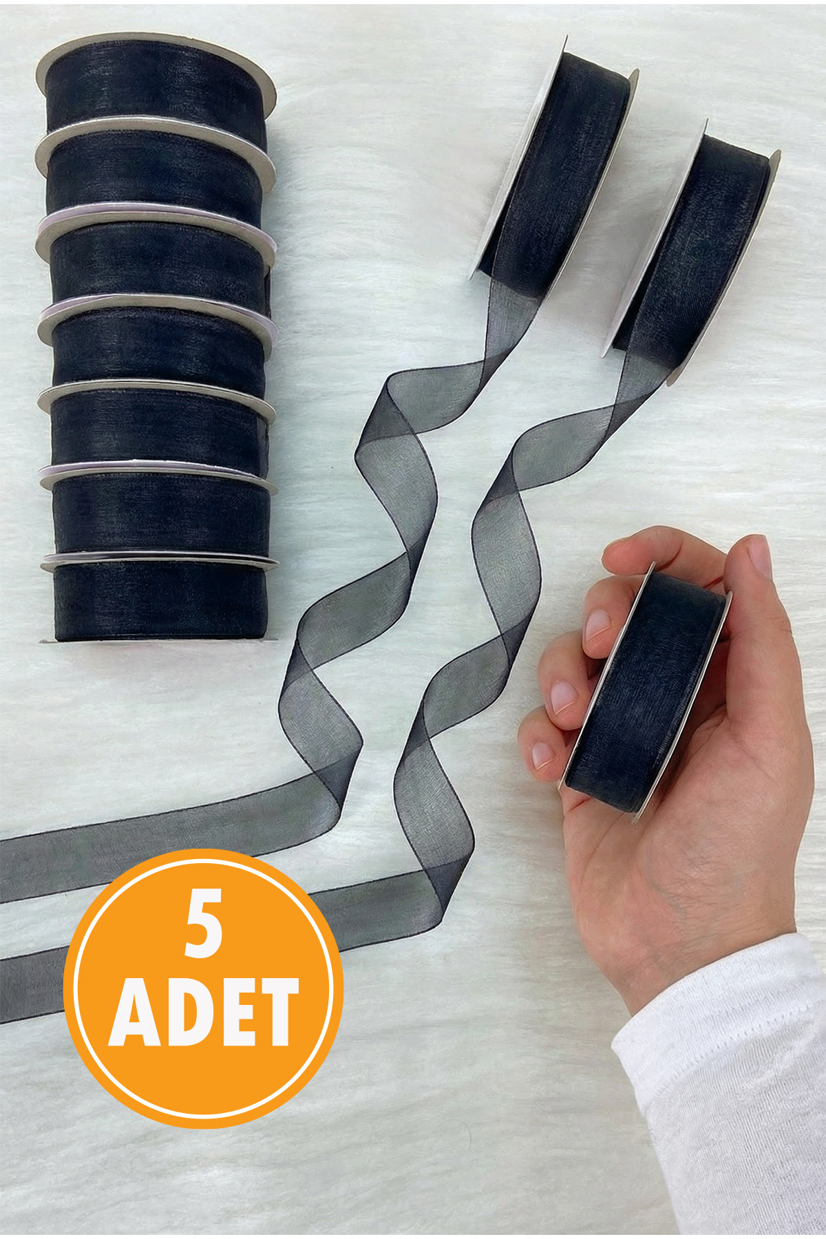 5 Organza Tulle Ribbon Black 2 cm 22 mt, Bundle, Engagement, Dowry, Gift, Packaging, Decoration, Wedding
