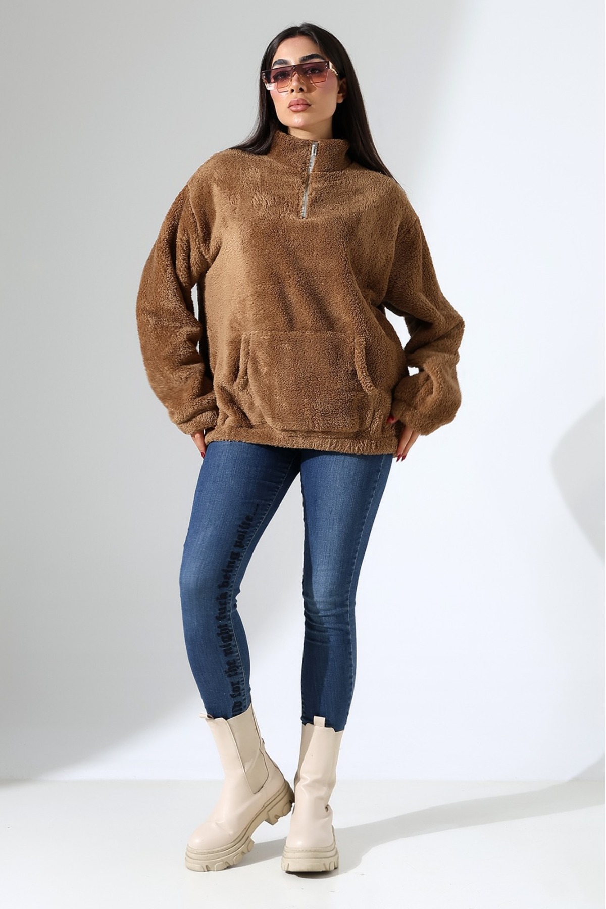 DİVİSTA Kadın Yaka Fermuarlı Uzun Kollu Peluş Sweatshirt görsel 3