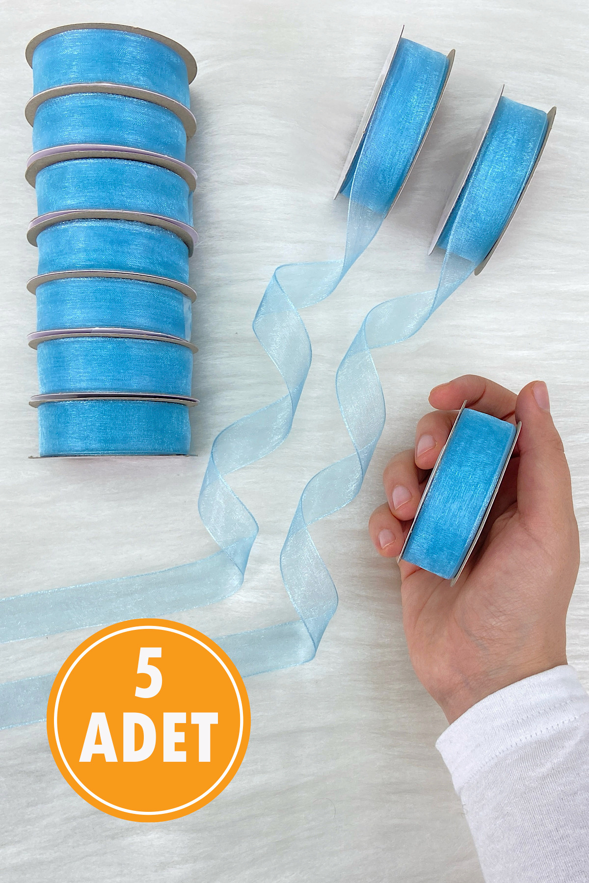 5 Organza Tulle Ribbon Blue 2 cm 22 mt, Bundle, Engagement, Dowry, Gift, Packaging, Decoration, Wedding