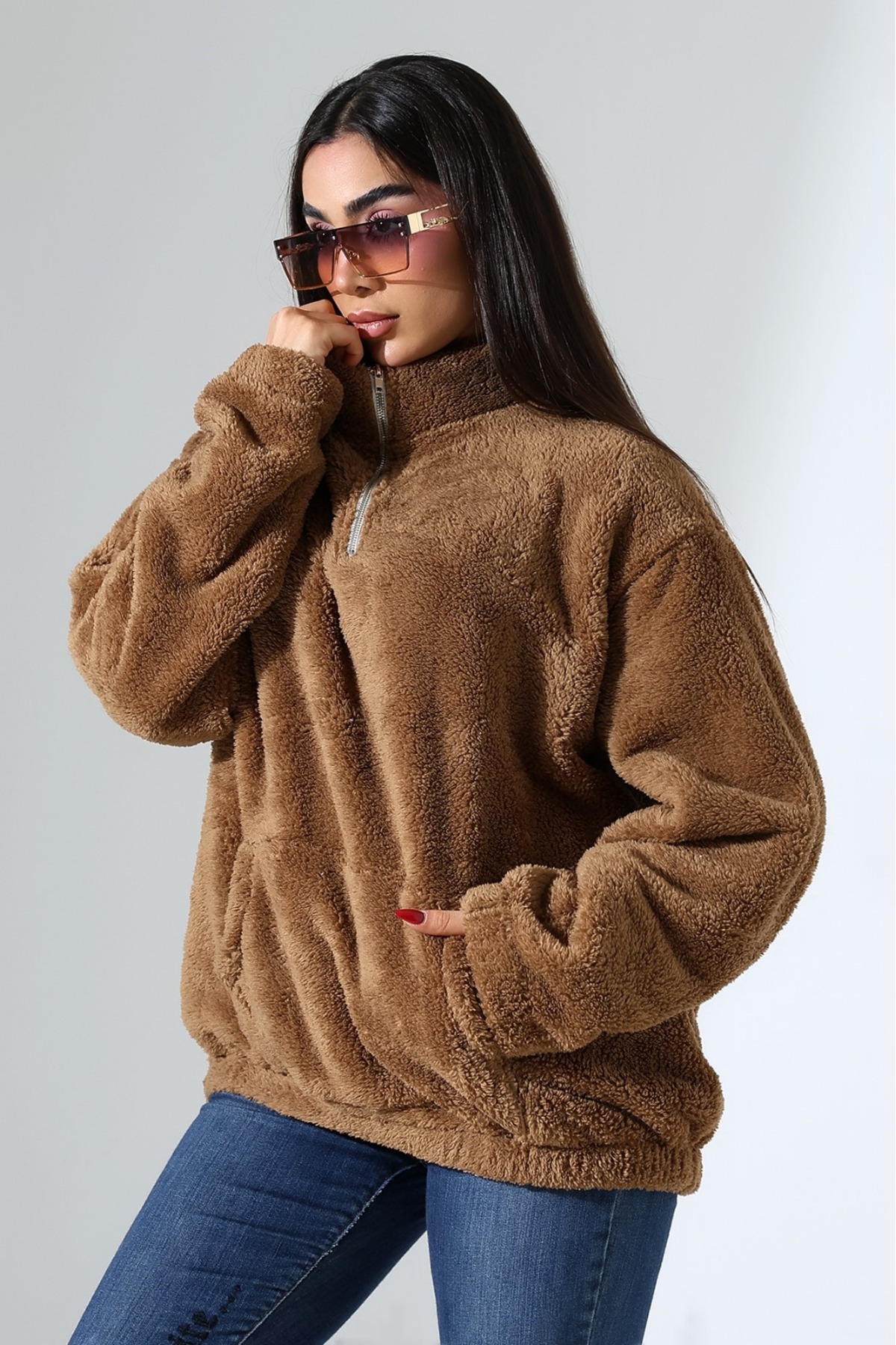 DİVİSTA Kadın Yaka Fermuarlı Uzun Kollu Peluş Sweatshirt görsel 7