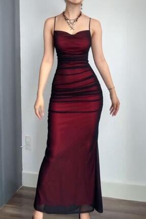 ARS Butik Gotik Style Askılı Vampirecore Tül Bordo Uzun Elbise