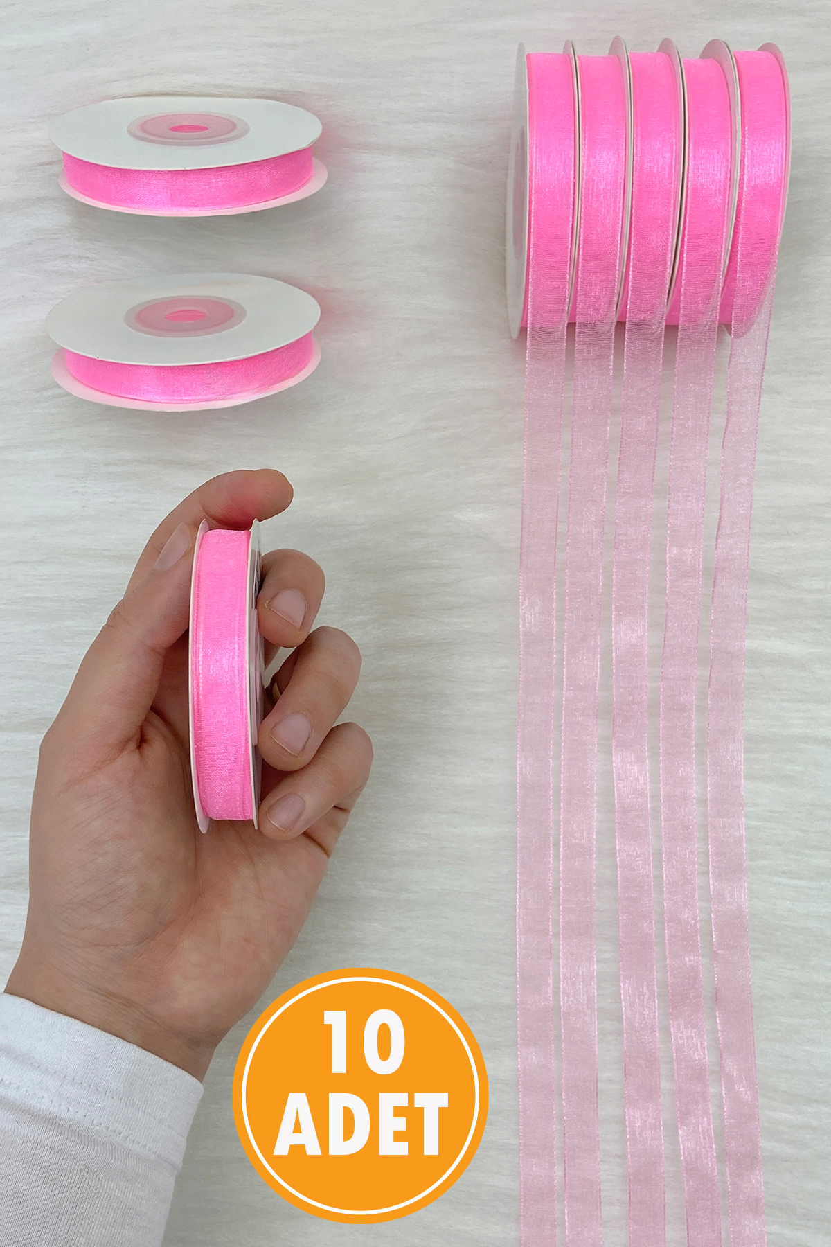 10 Organza Tulle Ribbon Neon Pink 1cm 22mt, Bundle Engagement Dowry Gift, Packaging, Decoration, Wedding