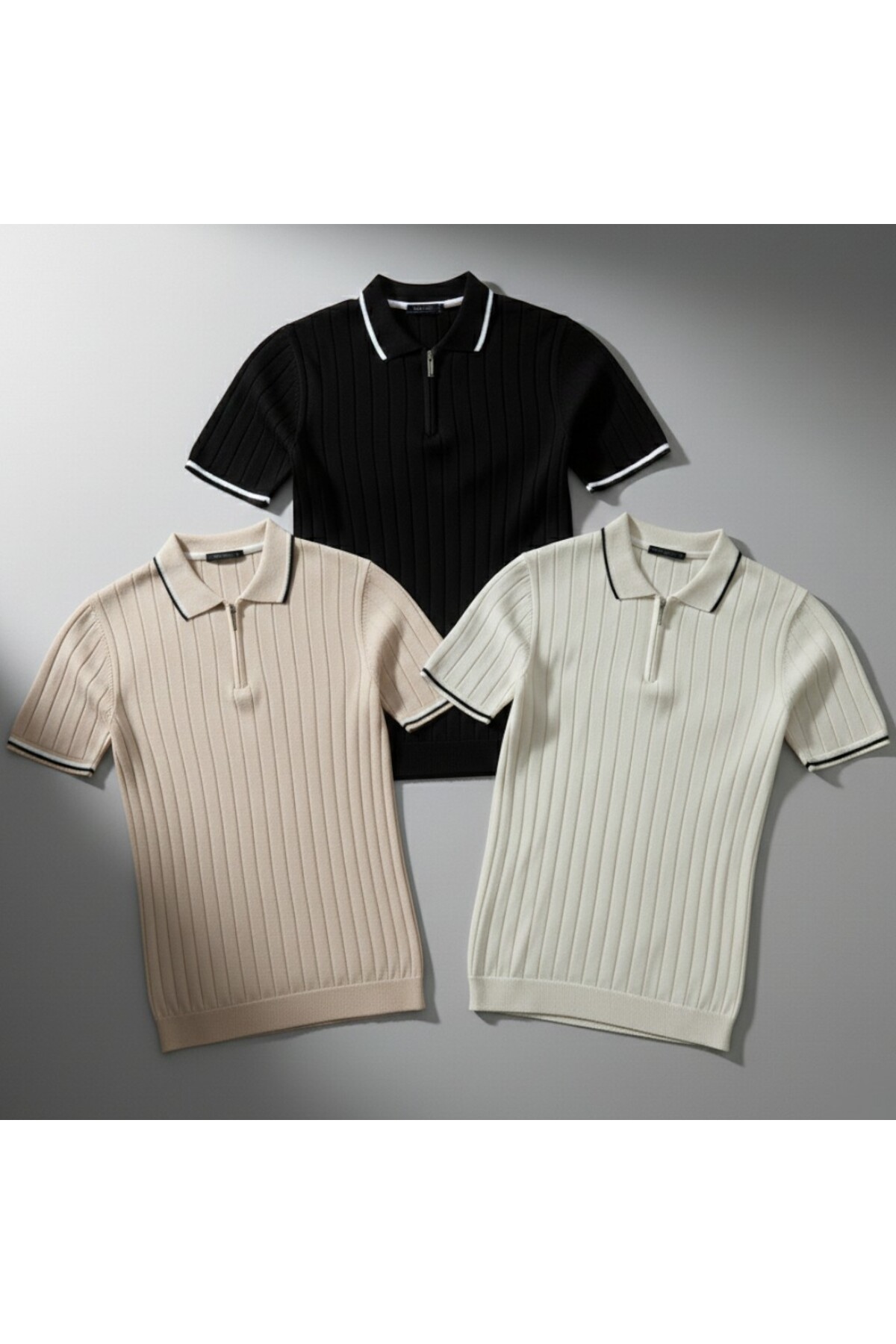 Erkek Fitilli Triko Polo Yaka Tişört 3’lü Set – Terletmeyen Pamuklu Yazlık Likralı