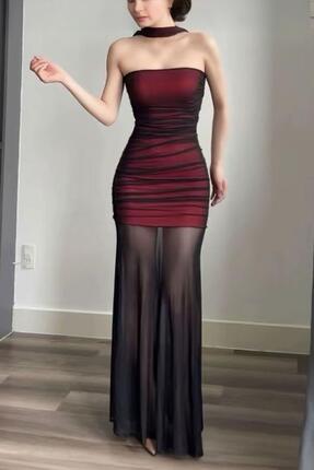 Karakedi Gothic Style Etek Tül Transparan Detaylı Bordo Uzun Elbise