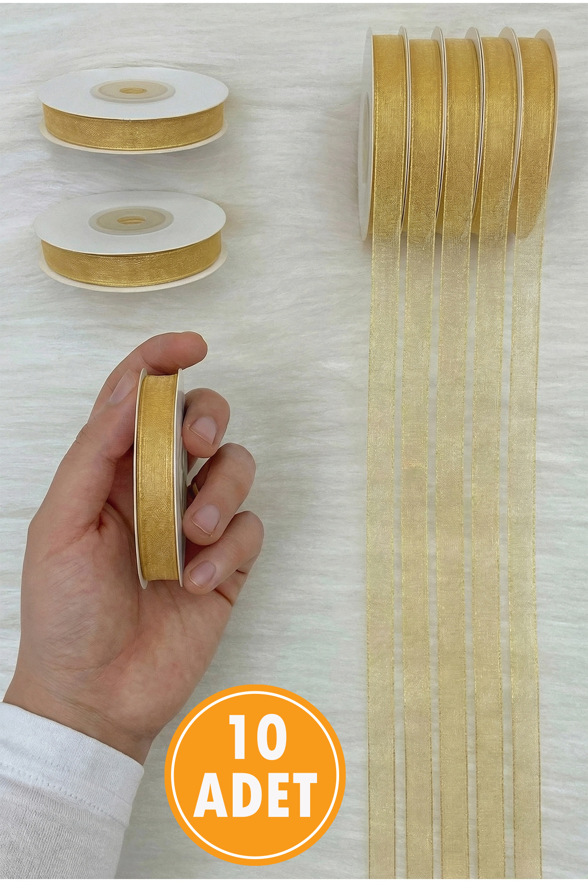 10 Organza Tulle Ribbon Gold 1 cm 22 mt, Bundle, Engagement, Dowry, Gift, Packaging, Decoration, Wedding