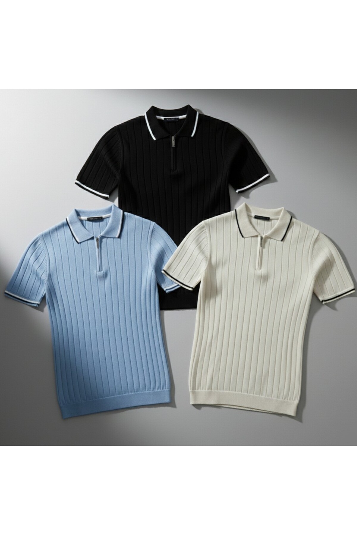 Erkek Fitilli Triko Polo Yaka Tişört 3’lü Set – Terletmeyen Pamuklu Yazlık Likralı
