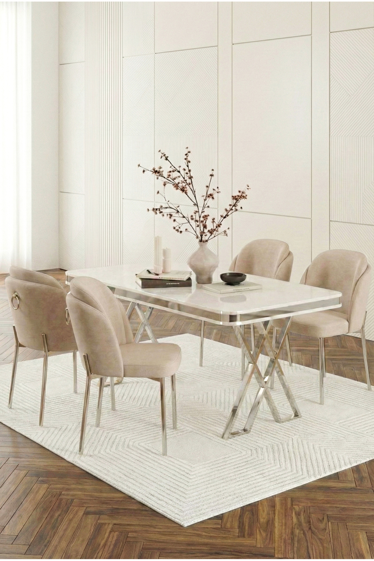 Rigella Silver 80x130 White Fixed Mdf Table 4 Pieces Chair Table Set with Metal Legs Cappuccino