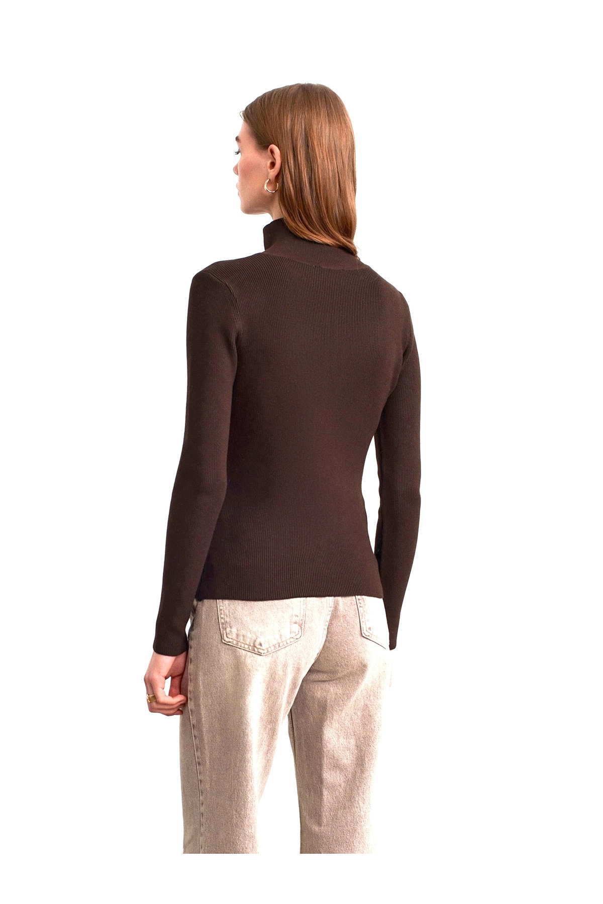URİS  Kadın Acı Kahverengi Dik Yaka Çıtçıtlı Uzun Kol Triko Kazak - Görsel 5