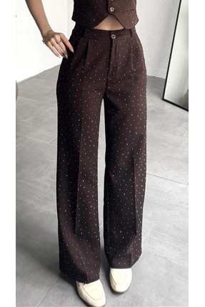 Lila Moda Kadın Luxe Taş Detaylı Yüksel Bel Geniş Paça Palazzo Pantolon